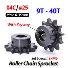 #25 Roller Chain Sprocket with Keyway, 13T-40T Teeth, 8-30mm Bore, 6.35mm Pitch