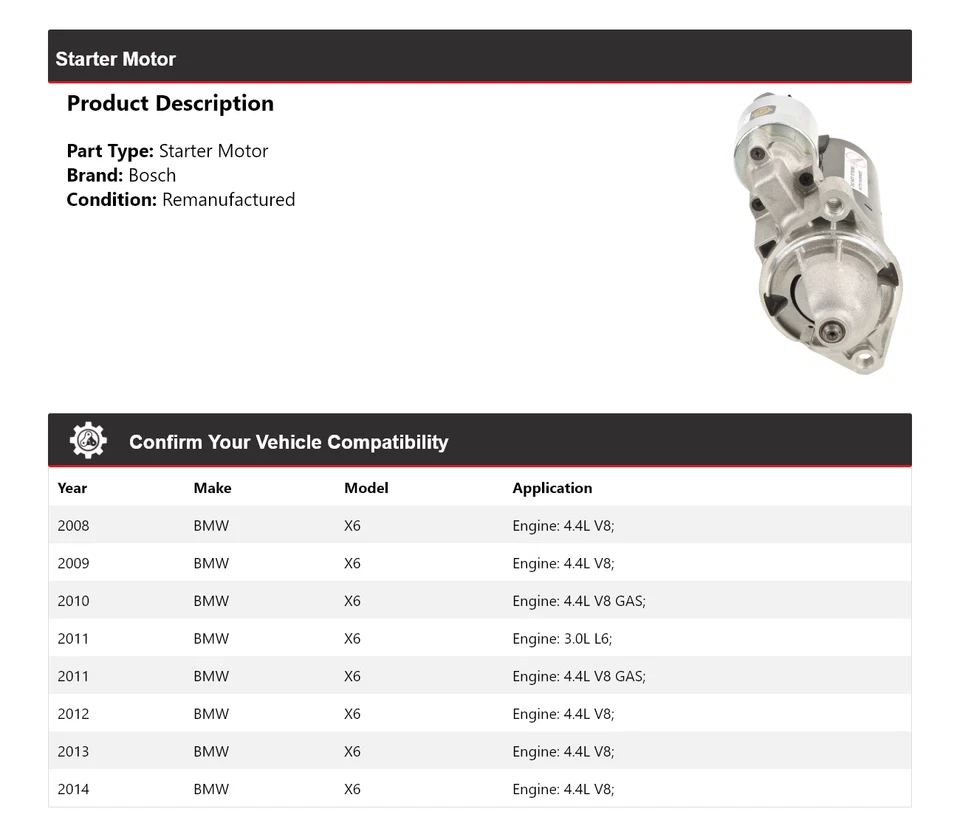Стартер (восстановленный) для BMW X6 Bosch 2008-2014 годов выпуска 2009 2010 2011 2012 2013 годов выпуска - Изображение 2 из 4