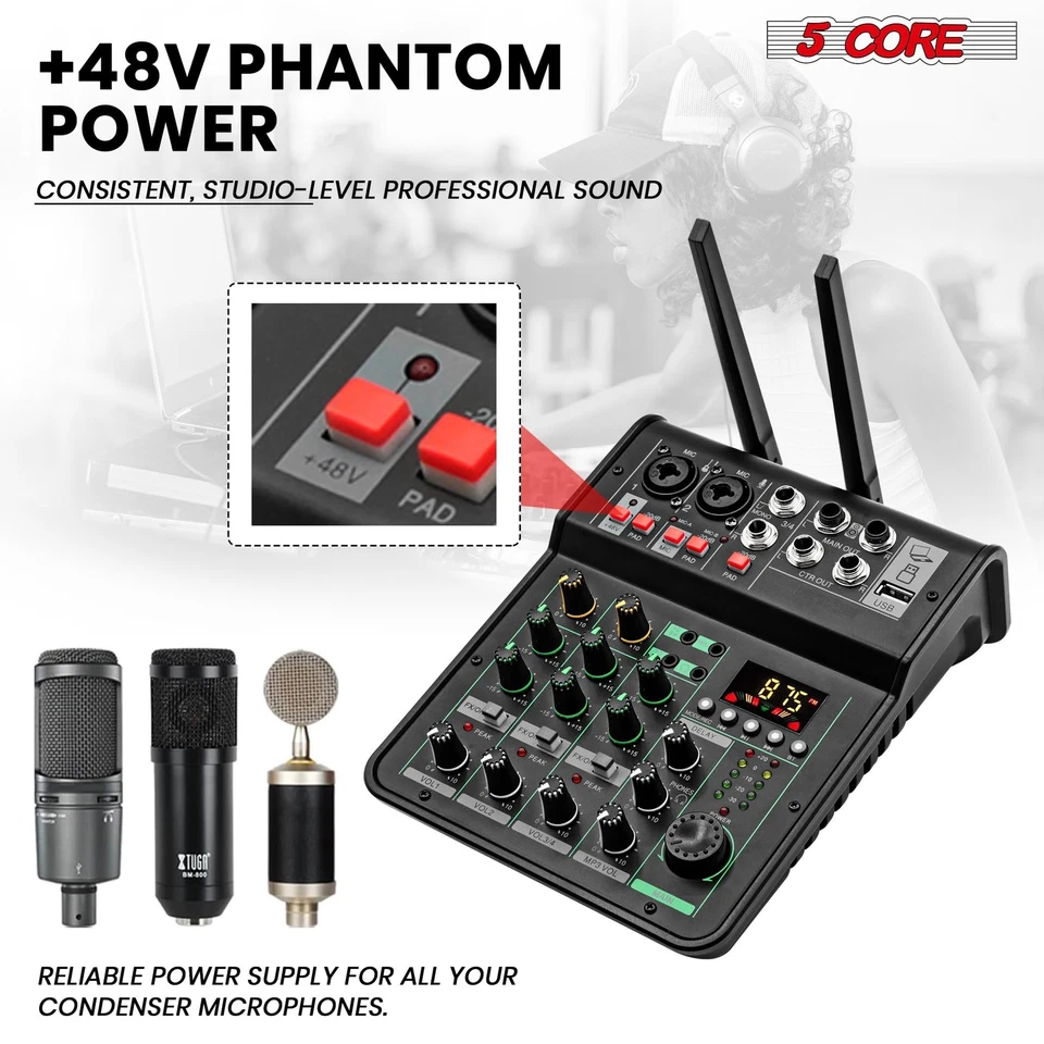 5 Core Audio Mixer Sound Board 4 Channel XLR Stereo Receiver w Bluetooth USB ... - Image 3 of 4