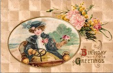 Vintage Birthday Silk Postcard Lady Drives Car Holding Flower Winsch Back 1911