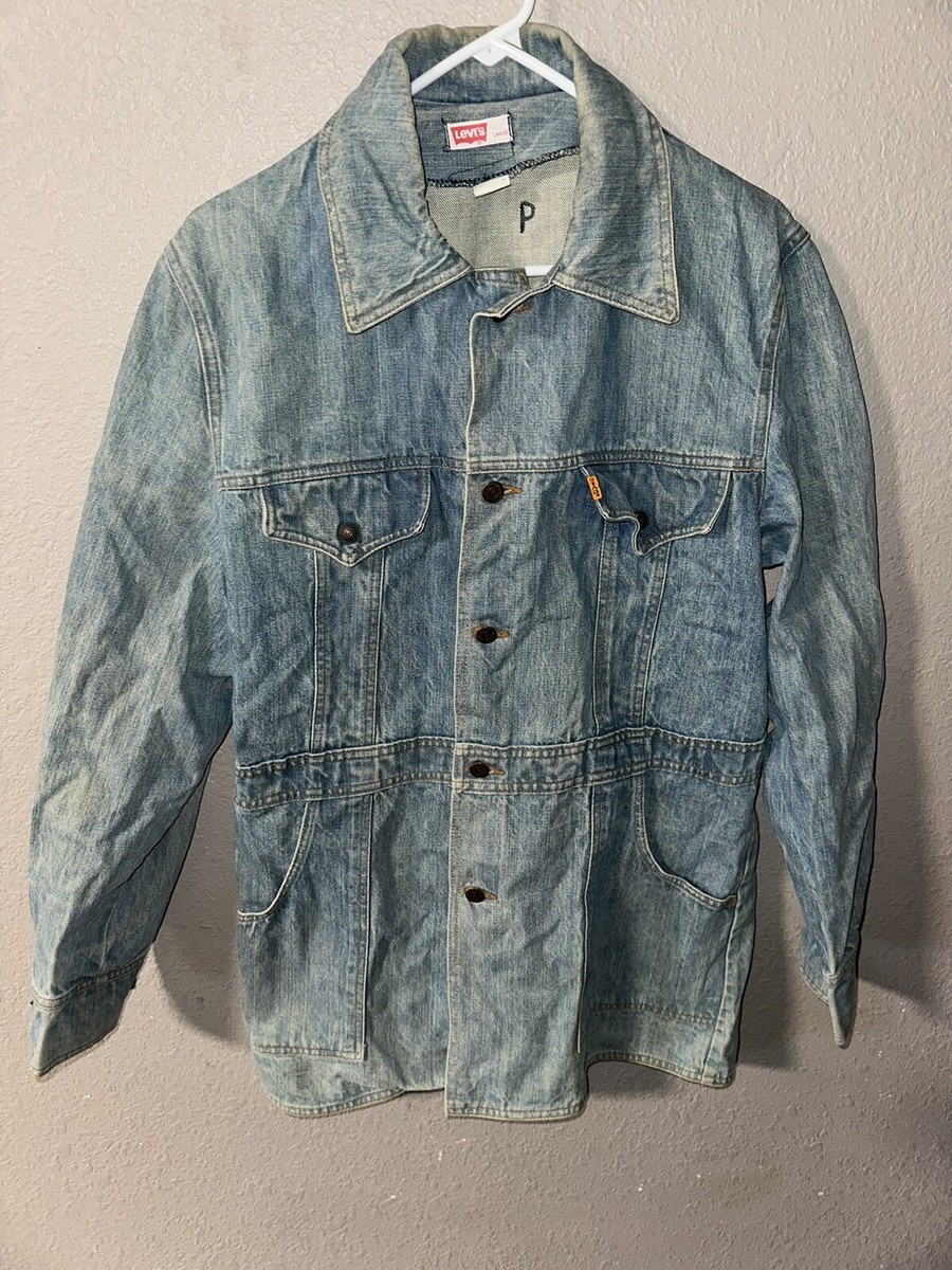 VINTAGE 70's LEVIS WORK CHORE DENIM JACKET COAT SPLIT TAIL ORANGE