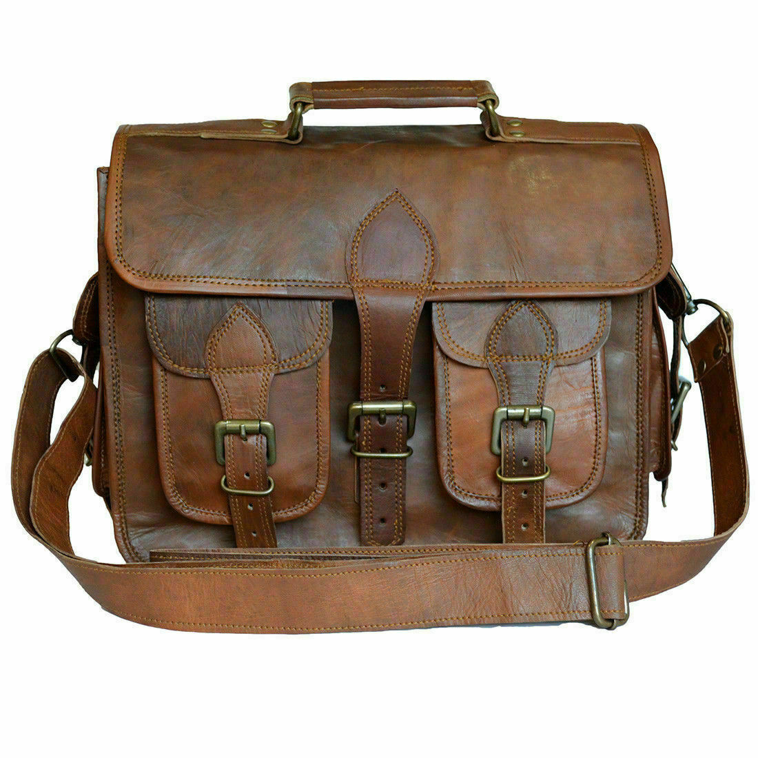 S L J Brand Real Leather Vintage Laptop Messenger Handmade Briefcase Bag Satchel