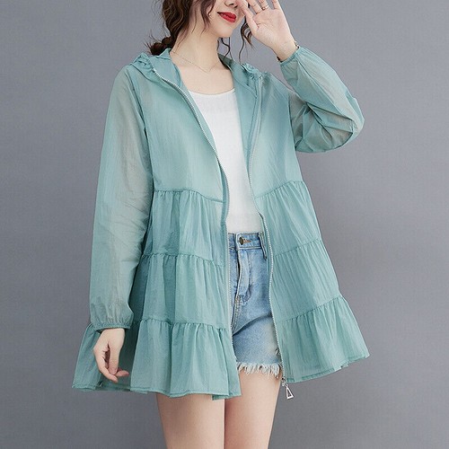 Womens Flared Pleated Sunscreen Outerwear Swing Zip Hooded Jacket Coat Riding - Picture 5 of 19