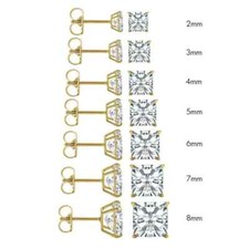 14k yellow gold princess cut stud earrings simulated diamonds sizes 2mm to 8mm