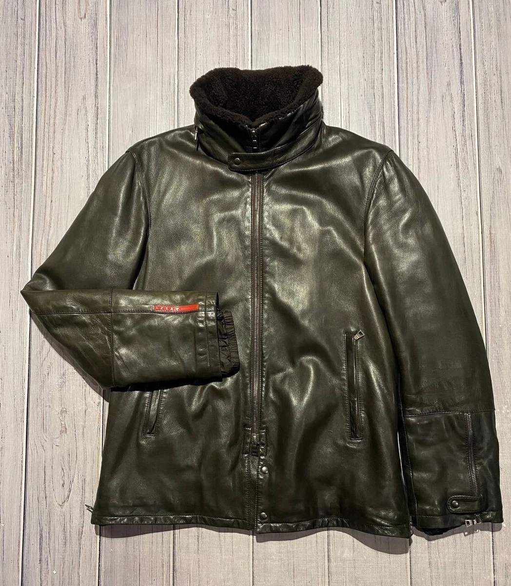 Vintage Prada Leather Sport Jacket Red Tab Green/Brown Men Size 54