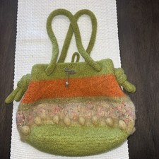 Handmade Felted Wool Boho Shoulder Handbag Purse Miss Green, Orange  Beige