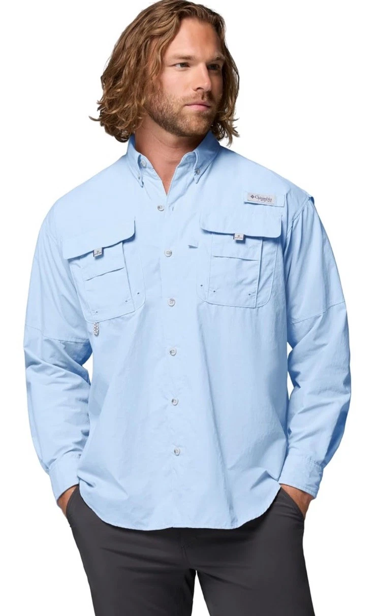 Columbia PFG Bahama II Long Sleeve Shirt UPF 50 Omni Shade Mens Size L Sail Blue