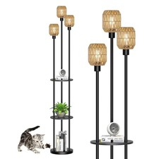 70" Boho Floor Lamp, Dimmable Rattan Floor Lamp with Shelves, 3 Lights Rustic