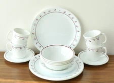 Set 20-pieces Corelle Burgundy Rose Dinner Bread Plates Bowls Saucers Cups 4 Ea