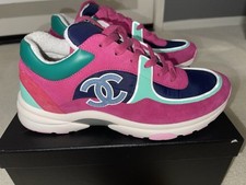 AUTH CHANEL RUNNER TRAINER SNEAKERS SUEDE PINK GREEN CC LOGO LACE UP 41.5 G34360