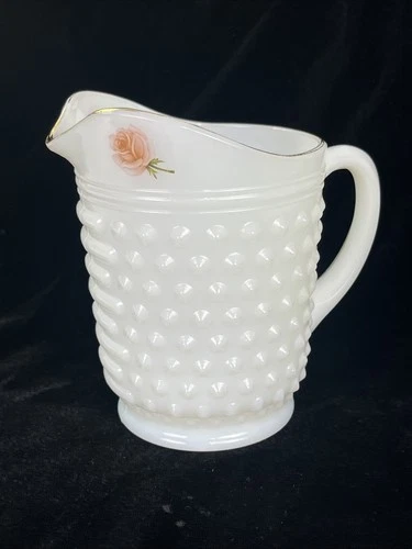 Vintage Rare Nor-So White Opaque Hobnail Milk Glass Pitcher with 24K Gold Rim