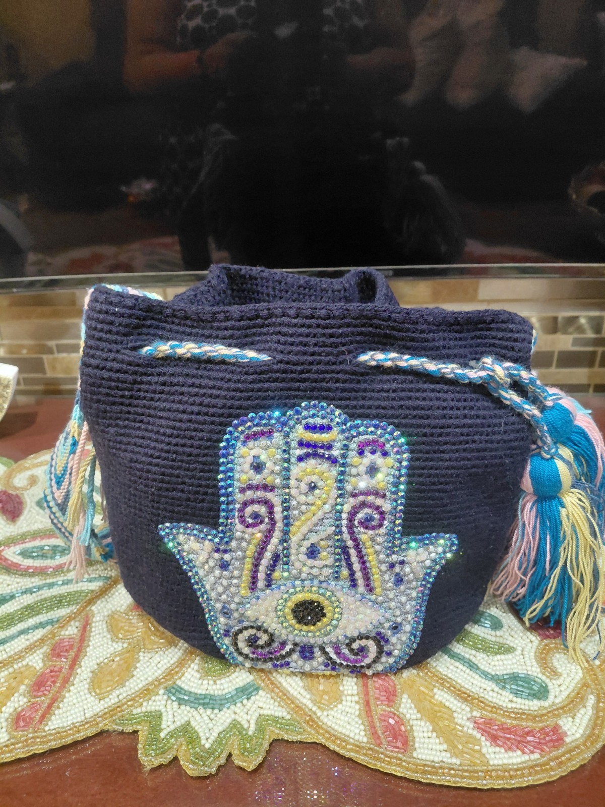 Authentic 100percent Wayuu Mochila Colombian Bag, Size Medium Hamsa With Rhinestones