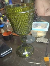 Vintage Large Green Indiana Glass Diamond Point  Pedestal Compote Candle holder