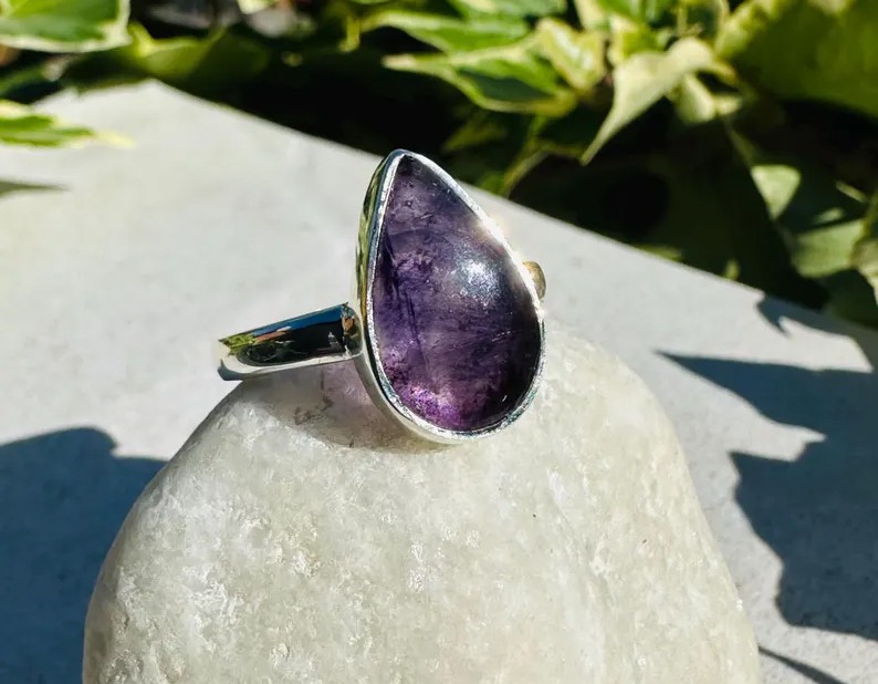 Solid 925 Sterling Silver Natural Purple Blue John Teardrop Stone Handmade Ring View 6
