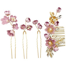 Pink Flower Hair Accessories Set 4pcs Bridal Floral Rhinestone Pearl Gold Leaf V