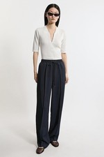 Karen Millen Pantalone Donna UK 12 Blu 100% Poliestere Chino Nuovo con etichette