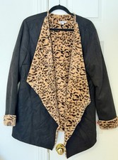 Serengeti Women’s XL Black Faux Suede Mid-Length Open Jacket Leopard Fur Lined  