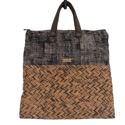 Hagit Abir Accessories Design Cork Woven Tote Bag Chevron Brown Gray Artisan EUC