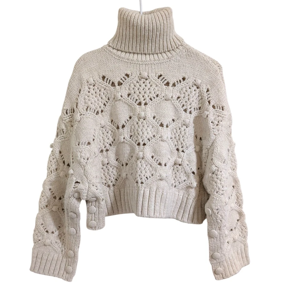 BLOGGERS FAV! Zara Cable Knit Openwork Turtleneck Cropped Sweater w/ Buttons S - Image 4 of 4