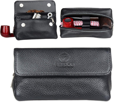 FIREDOG Leather Smoking Pipe Bag Pouch Case for 2 Pipes (Black)