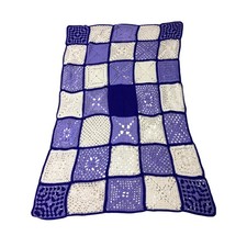 Vintage Handmade Crochet Granny Square Afghan Blanket Purple Cream 67x42