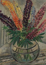 Gerhard Schulte-Dahling Flowers Still Life Lupines Postwar Sign Watercolor 1968