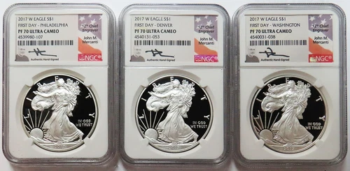 2017 W PROOF SILVER EAGLE MERCANTI SIGNED 3 COIN FIRST DAY SET NGC PF70 UC P,D,W