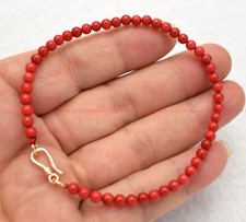 Natural 4mm Red Coral Round Gemstone Beads Bracelet 6.5-8.5" Gold Clasp