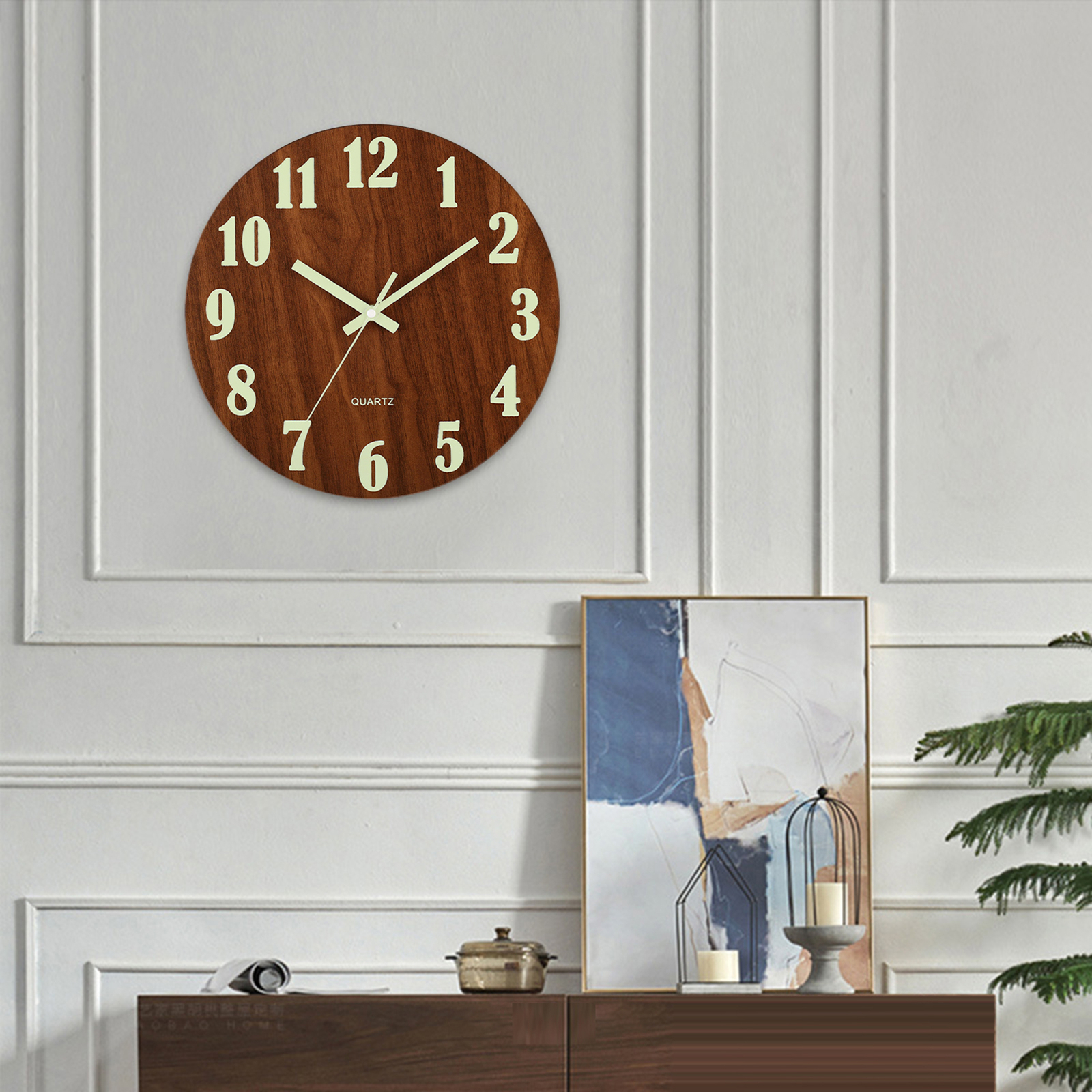 Wall Clock 12 Inch Glow-in-the-dark Wooden with Mute Operation Quartz Movement-image