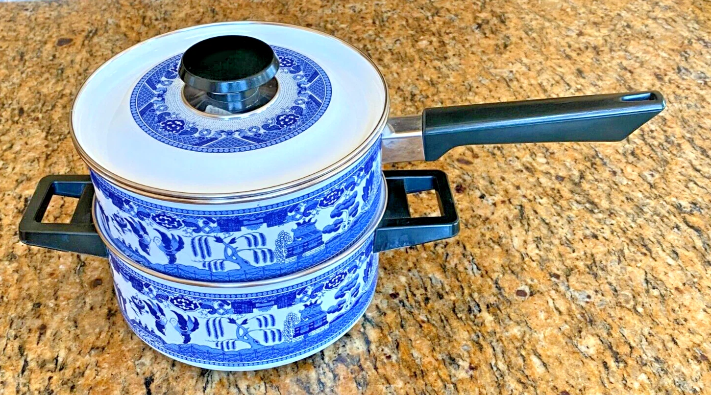 3 Piece Blue Willow Holt Howard Enamel Cookware Stockpot Sauce Pan and Lid