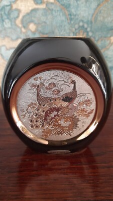 The Art of Chokin Vase 24 KT Gold blau made in Japan Motiv Pfau