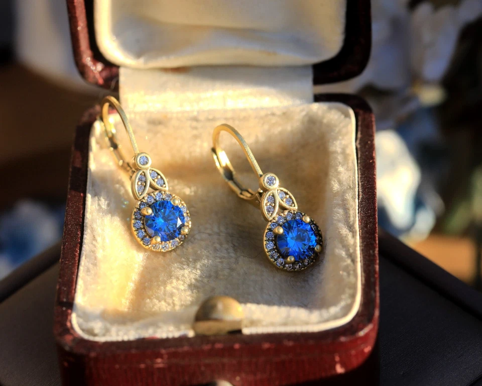 Pendientes Pequeña Colgantes Dorado Antiguo Belle Circonita Redonda Azul SA1 - Imagen 3 de 4