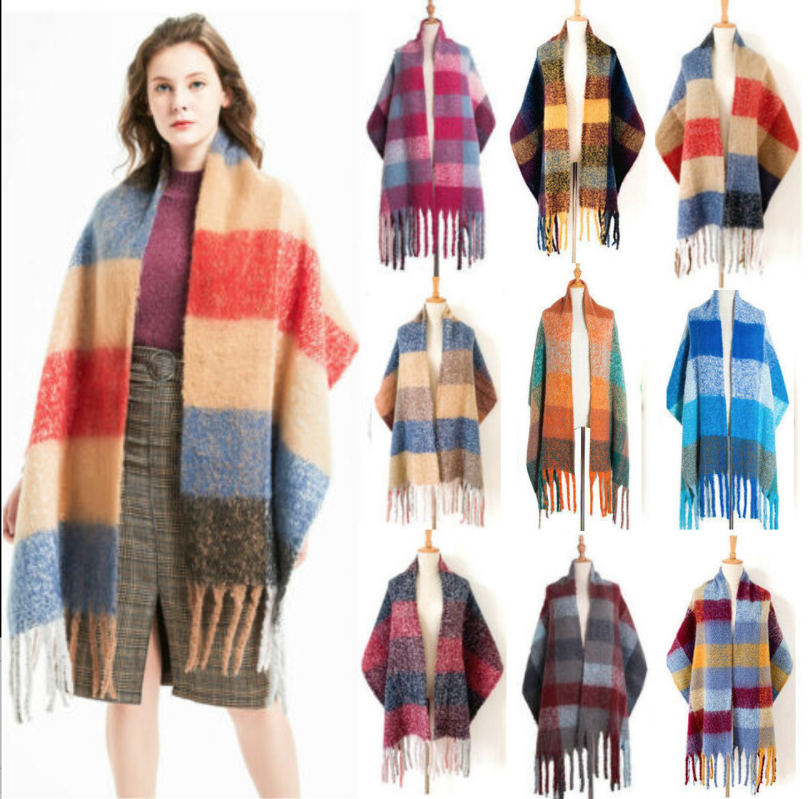 Ladies Chunky Thick Tassel Tartan Blanket Scarf Wrap Shawl Women Winter
