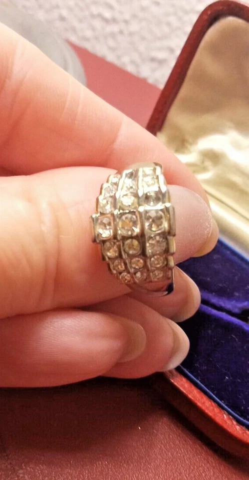 😊ANELLO a fascia con 3 file di ZIRCONI BIANCHI argento Fascione Ring Vintage - Immagine 4 di 4