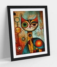 RETRO QUIRKY CAT MULTI COLOUR CONTEMPORARY FRAMED WALL ART PIC POSTER PRINT