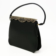 Vtg Black Vinyl Frame Pocketbook Handbag Purse Evening Bag Gold Filigree Clasp