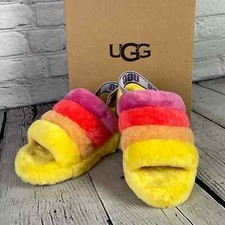   NEW  UGG Fluff Yeah Pride Rainbow Yellow Slides Size 5