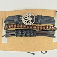 Handmade 3Pcs Set Leather Bracelet Life Tree for Women Men Beads Wood Black
