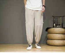 Retro Chinese Style Buckle Linen Casual Trousers Men Thin Wide-leg Straight Pant