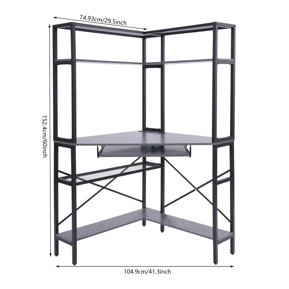 Escritorio de computadora triangular con luces LED y toma de corriente, escritorio de esquina de oficina en casa Foto 2 de 4