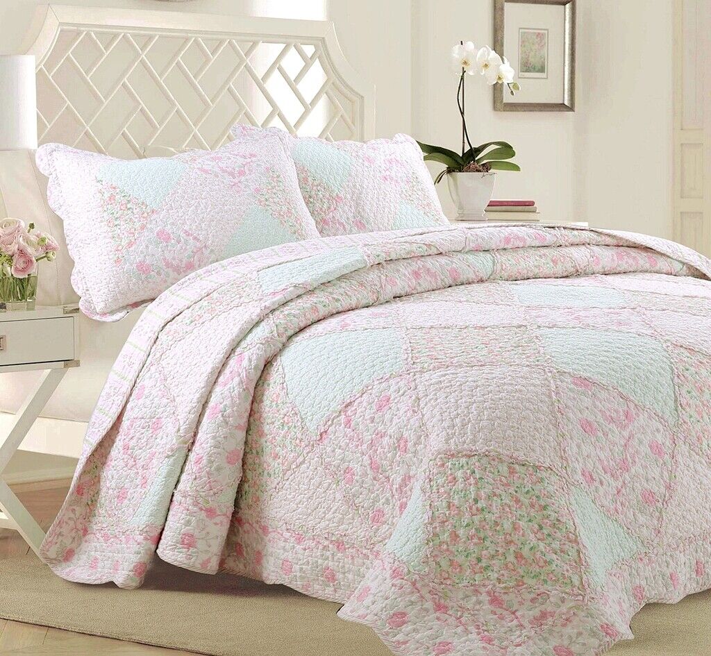 Pink Roses, Full/Queen - 3 Piece Cozy Line Home Fashions La Rosa Rêve Quilt Bedding Set Floral Pink Green Rose Flower 3D Real Patchwork,100% Cotton Reversible Coverlet Bedspread Set 