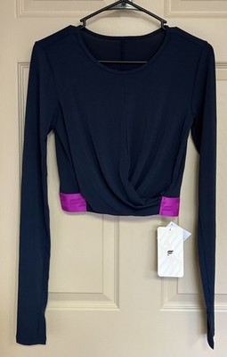 Fabletics NWT Black Fuchsia Pink Pia Front Twisted Cropped Top Size Small 6