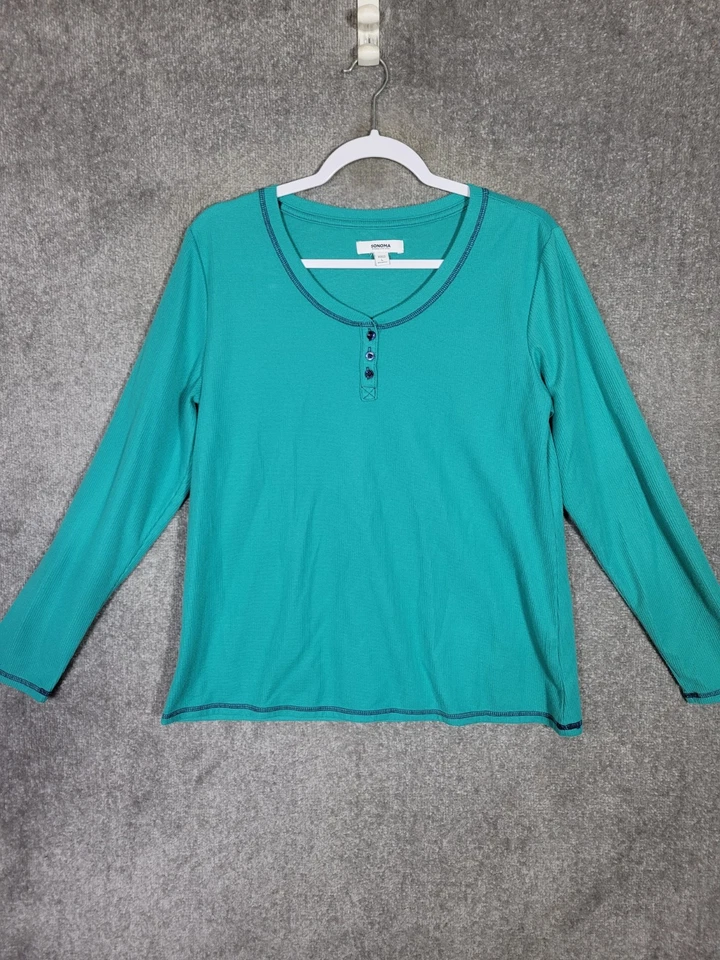 Top de pijama tejido gofre Sonoma para mujer talla grande verde azul elástico manga larga Foto 3 de 4