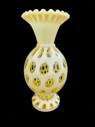 HTF Fenton Topaz Vaseline Coin Dot 10” Crimped Vase- Beautiful! Best Offer-