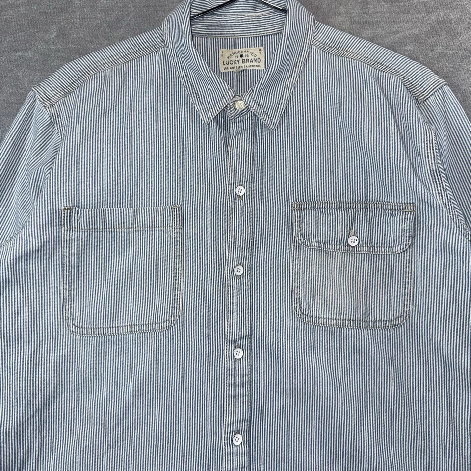 Camisa Lucky Brand Hombres Mediana Cambray Nogal Ferrocarril Rayas Ombre Metal Botón Foto 3 de 4