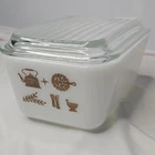 Vintage Pyrex 502-B 1 1/2 Cup Refrigerator Dish White Brown Promo Glass Lid USA