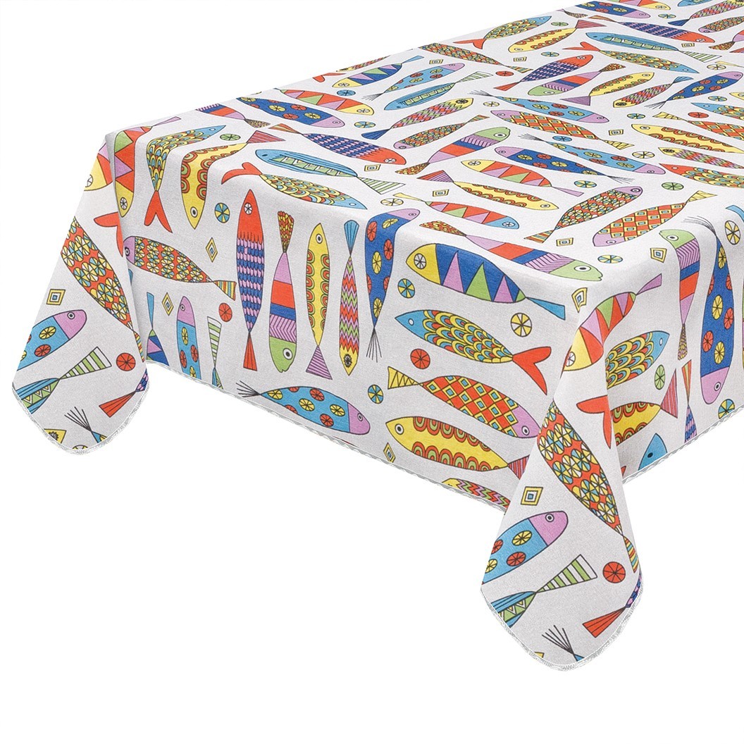 Paño Cocina Algodón Plastificado Antimanchas Broadside Ecru Pescado Colorido