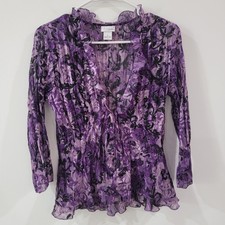 Y2K Womens Top Size Small Babydoll Floral Sheer Fairy Purple Tie Front Coquette