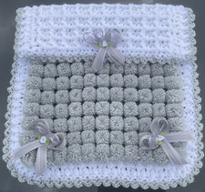 beautiful handmade pom pom blanket car seat size white/ grey