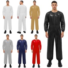 Men Bodysuit Back Zipper Unitard Tights Jumpsuit Butt Footed Long Pants Silky